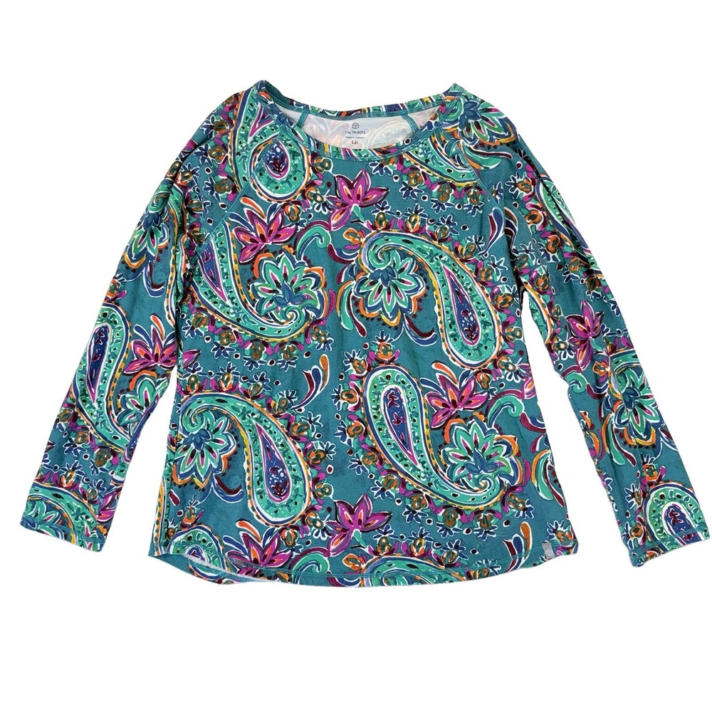 Talbots T by Talbots Imperial Paisley Floral Top Women LP Large Petite Teal EUC